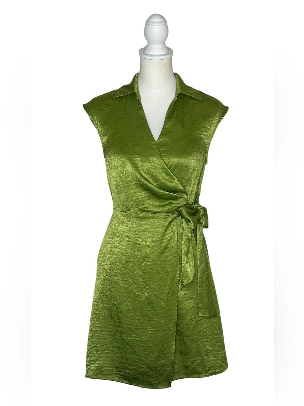 Melodie T Apple Green Satin Wrap Midi Dress with Side Tie EUC Sz 4 Wedding Guest